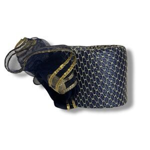 Vintage 80s Sylvia Church Lady Hat Navy Gold Metallic Mesh Netting Union Made US